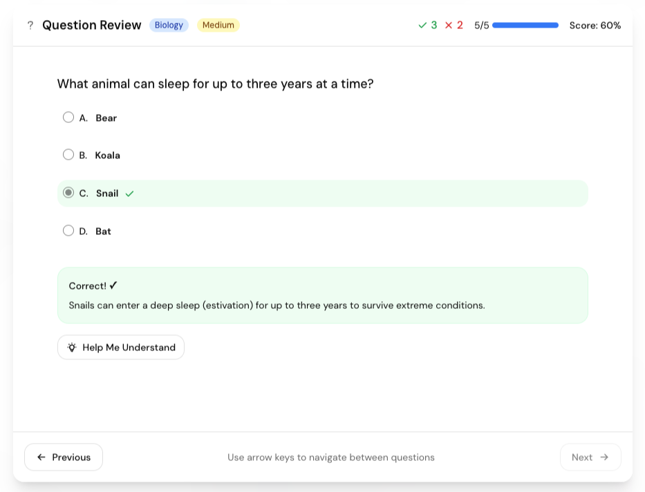 A multiple-choice quiz question appearing interactively within a Losi Chat conversation.